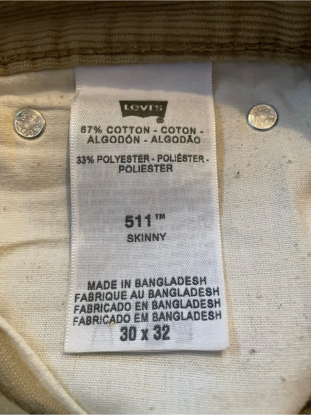 Levi's 511 Skinny Tan Corduroy Pants